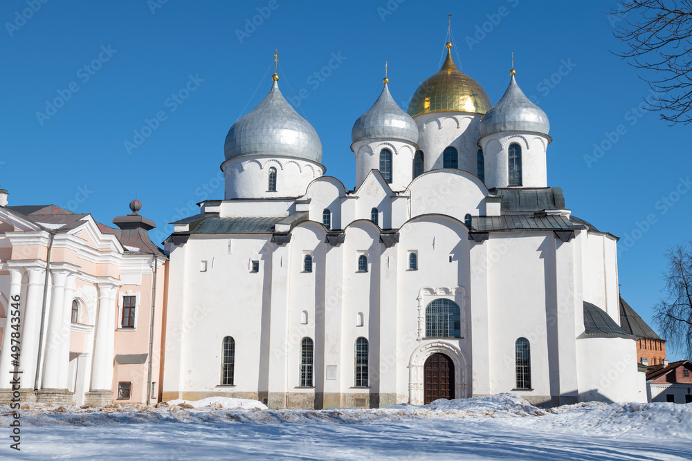 Medieval St. Sophia Cathedral on a sunny March day. Veliky Novgorod, Russia Medieval St. Sophia Cathedral on a sunny March day. Veliky Novgorod, Russia