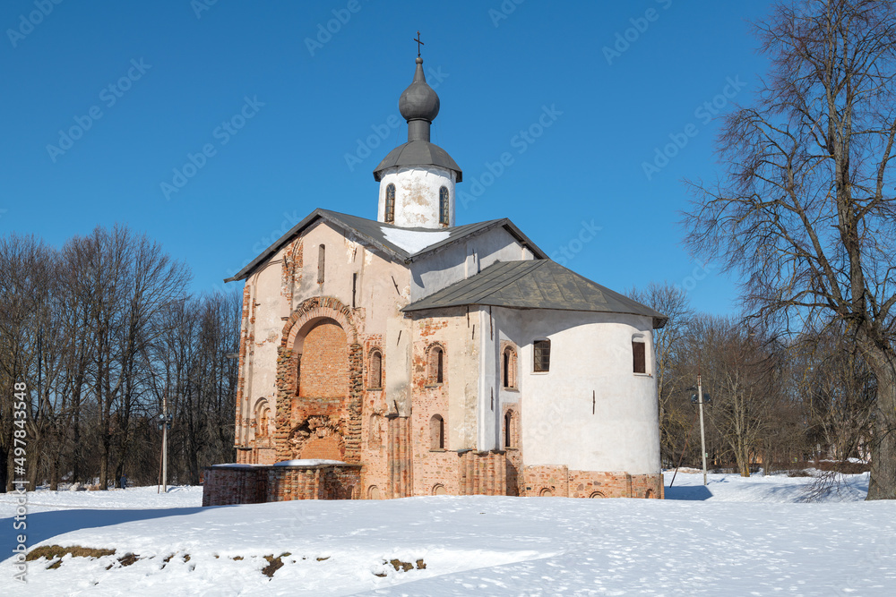 View of the medieval church of Paraskeva Friday on a sunny March day. Veliky Novgorod, Russia View of the medieval church of Paraskeva Friday on a sunny March day. Veliky Novgorod, Russia