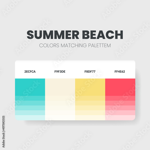 The Summer Beach color palette or color schemes are trends combinations and palette guides. Example of table color shades in RGB and HEX. A color swatch for  summer fashion, home, interior design 