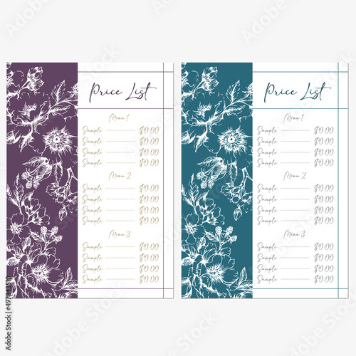 set of price list template designs with hand drawn flower illustration
