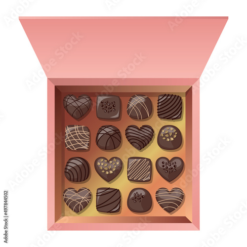 Vector festive top view pink gift open square box with milk chocolates isolated on white background.