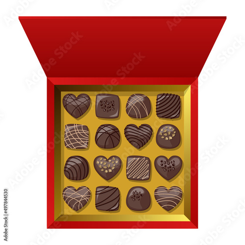 Vector festive top view red gift open square box with chocolate candies isolated on white background.