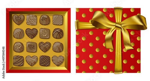 Vector festive top view red gift open square box with golden ribbon and bow and milk chocolates isolated on white.