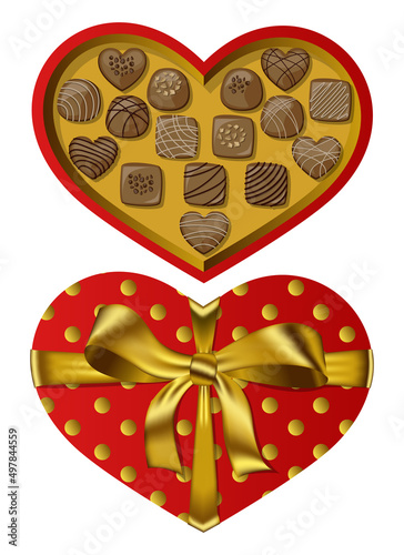 Vector holiday top view red heart shaped gift open box with gold ribbon and bow and chocolate candies isolated on white background. 