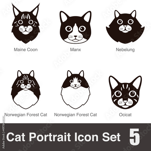 Cat breed face cartoon flat black icon series, vector illustration
