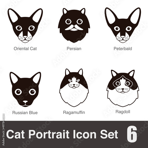 Bild auf Leinwand Cat breed face cartoon flat black icon series, vector illustration