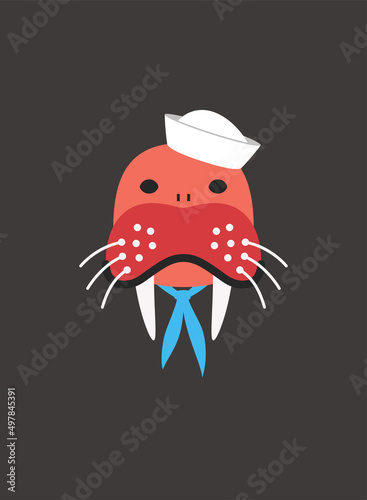 Portrait of walrus, wearing something, like seaman sailor, cool style photo