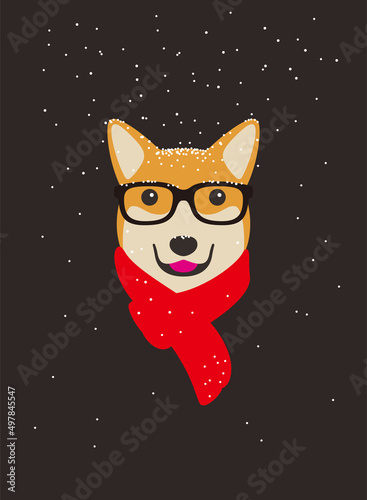 Portrait of dog, wearing glasses, like a man in the snow weather, cool style, cosplay