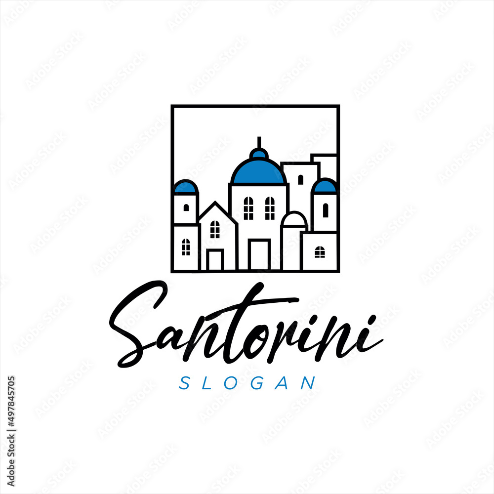 Santorini Aegean Sea Island Landmarks Travel Flat Concept Vector Illustration. Santorini greek island logo icon design template