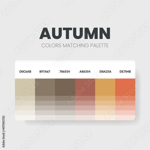 An autumn color palette or color schemes are trends combinations and palette guides this year, such as table color shades in RGB or  HEX. A color swatch for an autumn fashion, home, or interior design