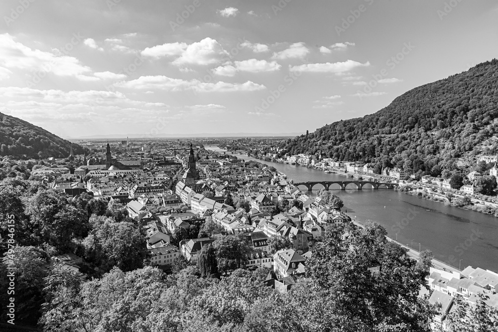 view to river Neckar and Karl Theodor bridge in romantic town of Heidelberg