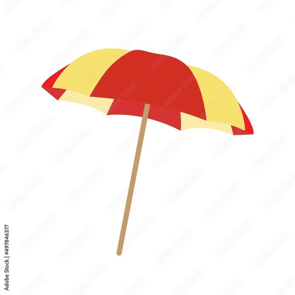 Red and yellow beach umbrella isolated on a white background, vector vacation accessory in flat style