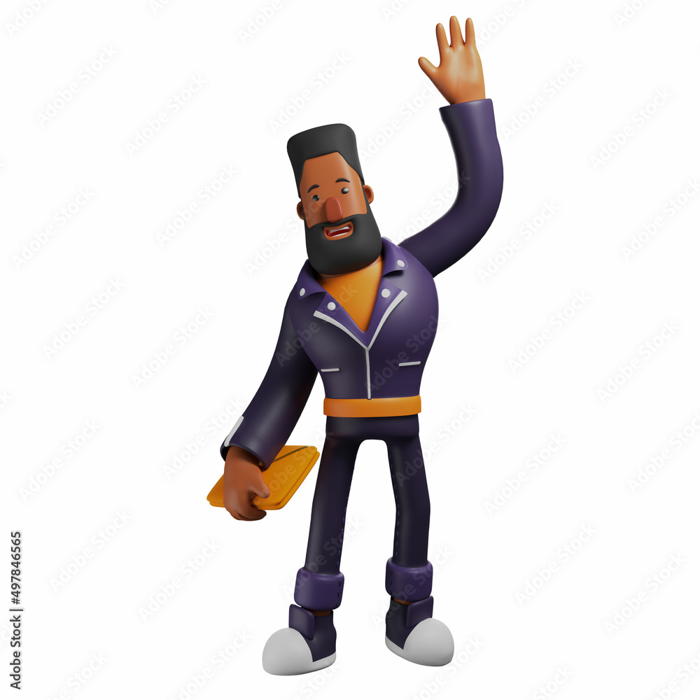 Happy Face Beard man 3D Cartoon Character waving hand Happy Face Beard man 3D Cartoon Character waving hand