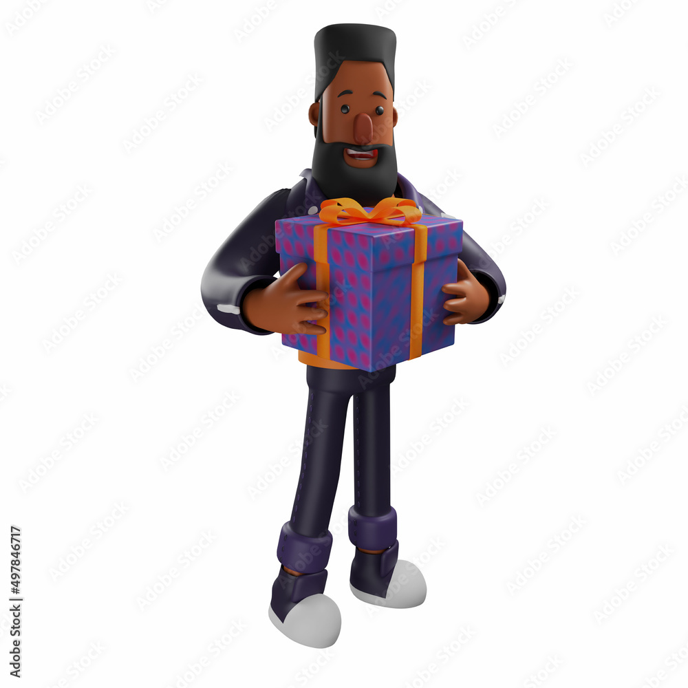 Adorable 3D Beard man Cartoon Illustration having a gift Adorable 3D Beard man Cartoon Illustration having a gift