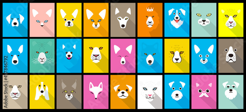 Animal cartoon faces, cute flat portrait icon, vector illustration