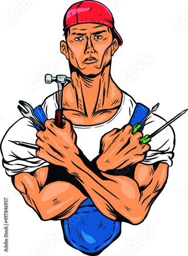 Mechanic with tools drawings logo