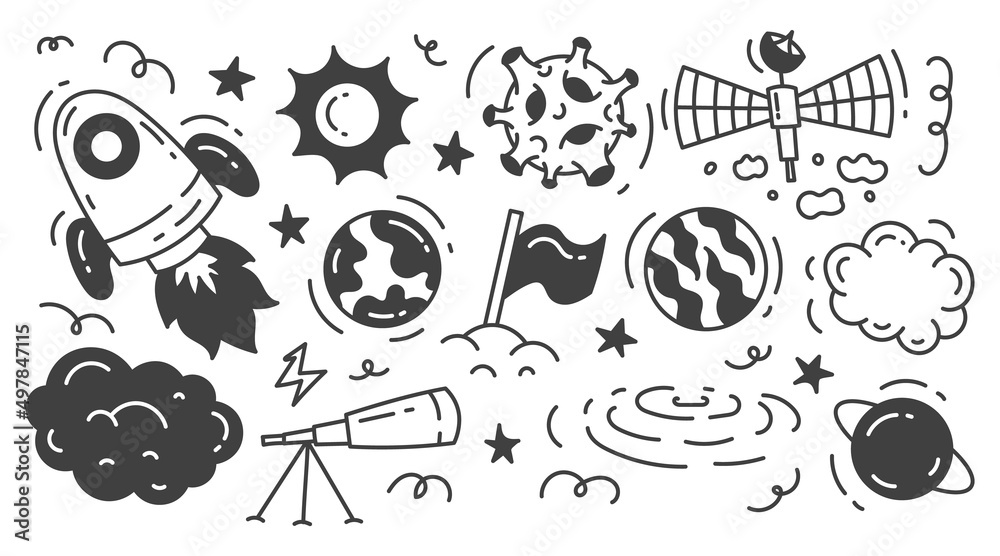 Space illustration doodle set. Astronomical objects, planets and instruments. Isolated on a white background. Space illustration doodle set. Astronomical objects, planets and instruments. Isolated on a white background.