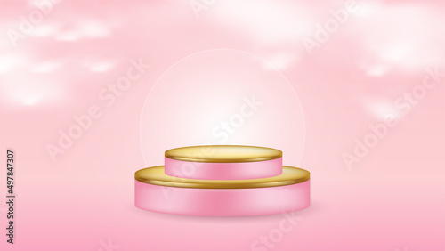 Pink and gold 3d podium with clouds. Product showcase with soft light. Minimal luxury platform for cosmetic