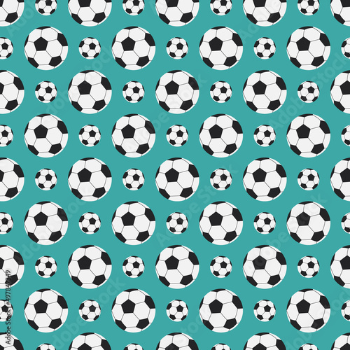 Football pattern. Seamless green background with white and black soccer balls. Vector flat repeating illustration for sport designs  textile