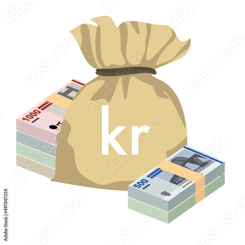 Danish Krone Vector Illustration. Denmark, Greenland, Faroe Islands money set banknotes. Money bag 1000, 500, 200, 100 Kr. Flat style. Isolated on white background. Simple minimal design.