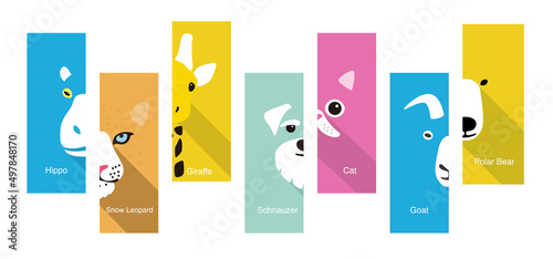 Animal cartoon faces, cute flat portrait icon, vector illustration
