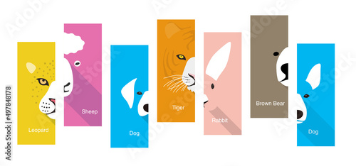 Animal cartoon faces, cute flat portrait icon, vector illustration