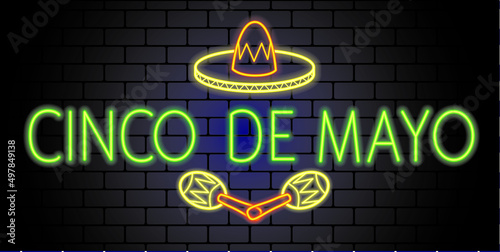 The text is the fifth of May in Spanish. Neon text on brick wall background. Vector illustration.