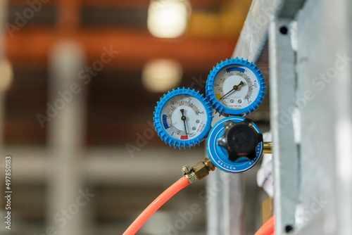 Pressure gauge, measuring instrument on pneumatic control system. Pressure differential gauge, Pressure gauge in industry production process for monitor condition