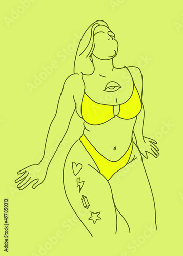Minimalist drawing line art with curvy woman model with tattoos, beautiful female body vector drawing