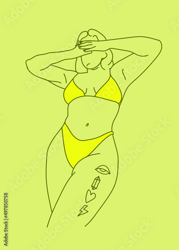 Minimalist drawing line art with curvy woman model with tattoos, beautiful plus size female body vector drawing