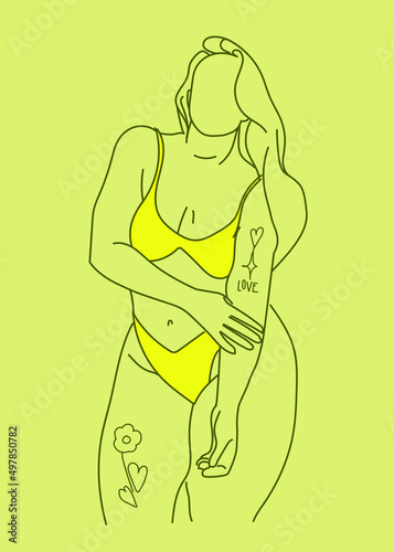 Minimalist drawing line art with curvy woman model with tattoos, beautiful plus size female body vector drawing