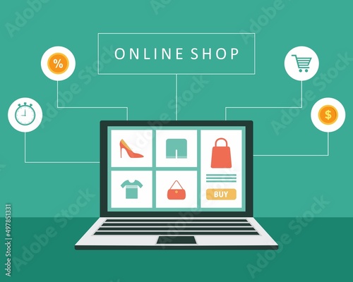 online shopping or digital store on laptop computer concept, fashion products from e-shop with icons and goods, vector graphic flat design illustration
