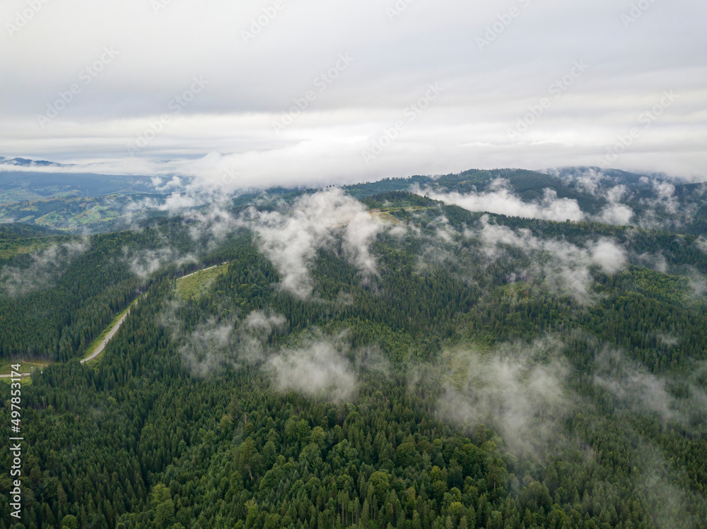 Green slopes of Ukrainian Carpathian mountains in summer. Cloudy morning, low clouds. Aerial drone view. Green slopes of Ukrainian Carpathian mountains in summer. Cloudy morning, low clouds. Aerial drone view.