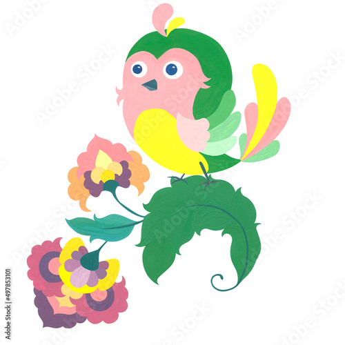 Composition of a bird with a flower. Watercolor stylized illustration. Folklore style.