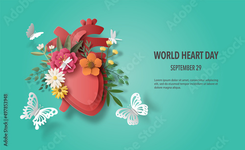 World Heart Day concept, beautiful flowers, leaves, and butterflies decorate the human heart, paper illustration, and 3d paper.