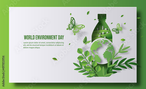 World Environment Day, a bottle of water with a green city inside, save the planet and energy concept, paper illustration, and 3d paper.