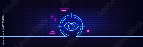 Neon light glow effect. Eye target line icon. Oculist clinic sign. Optometry vision symbol. 3d line neon glow icon. Brick wall banner. Eye target outline. Vector
