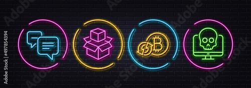 Dots message, Refresh bitcoin and Packing boxes minimal line icons. Neon laser 3d lights. Cyber attack icons. For web, application, printing. Vector