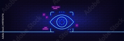 Neon light glow effect. Eye detect line icon. Retina scan sign. Biometric data symbol. 3d line neon glow icon. Brick wall banner. Eye detect outline. Vector