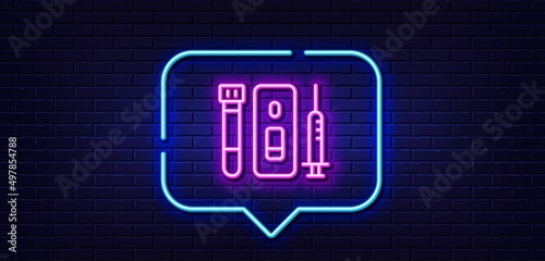 Neon light speech bubble. Vaccine syringe line icon. Coronavirus Blood and Saliva test sign. Vaccination symbol. Neon light background. Blood and Saliva test glow line. Brick wall banner. Vector
