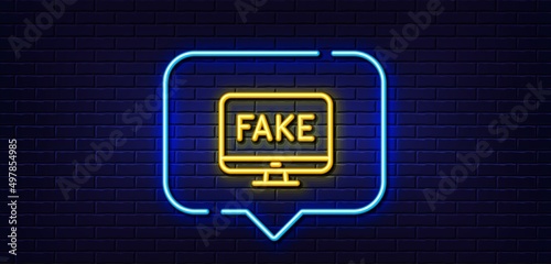 Neon light speech bubble. Fake news line icon. Propaganda conspiracy tv sign. Wrong truth symbol. Neon light background. Fake news glow line. Brick wall banner. Vector