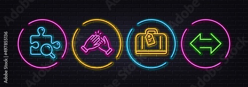 Clapping hands, Search puzzle and Hand baggage minimal line icons. Neon laser 3d lights. Sync icons. For web, application, printing. Clap, Jigsaw game, Airport bag. Synchronize. Vector