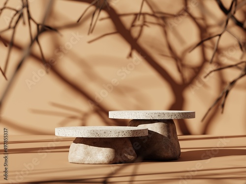 Fototapeta Naklejka Na Ścianę i Meble -  3d minimal display podiums on the rocks with tree shadow against brown background. 3d rendering of realistic presentation for product advertising. 3d minimal illustration.