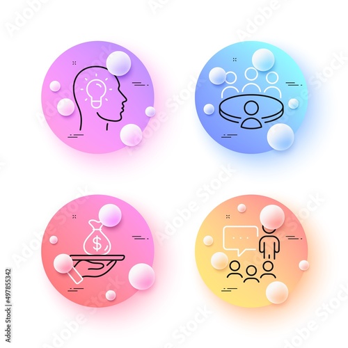 Meeting, Idea head and Loan minimal line icons. 3d spheres or balls buttons. People chatting icons. For web, application, printing. Human resource, Lightbulb, Financial mortgage. Conference. Vector