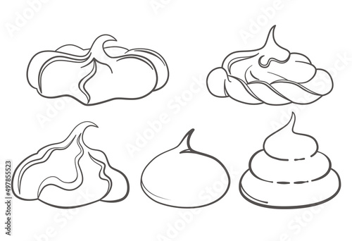Meringue icons set. Marshmallow outline illustration for cafe, pattiserie and sweet shop. Vector EPS10