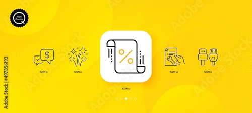 Payment received, Fireworks and Computer cables minimal line icons. Yellow abstract background. Repair document, Loan percent icons. For web, application, printing. Vector