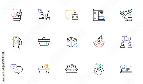 Approved, Coffee machine and Shopping basket line icons for website, printing. Collection of Spanner, Puzzle, Video conference icons. Online documentation, Phone survey. Vector