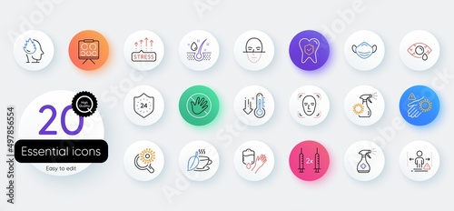Simple set of Face recognition, Mint tea and Do not touch line icons. Include Serum oil, Stress, Social distance icons. Coronavirus research, Ð¡onjunctivitis eye, Wash hand web elements. Vector