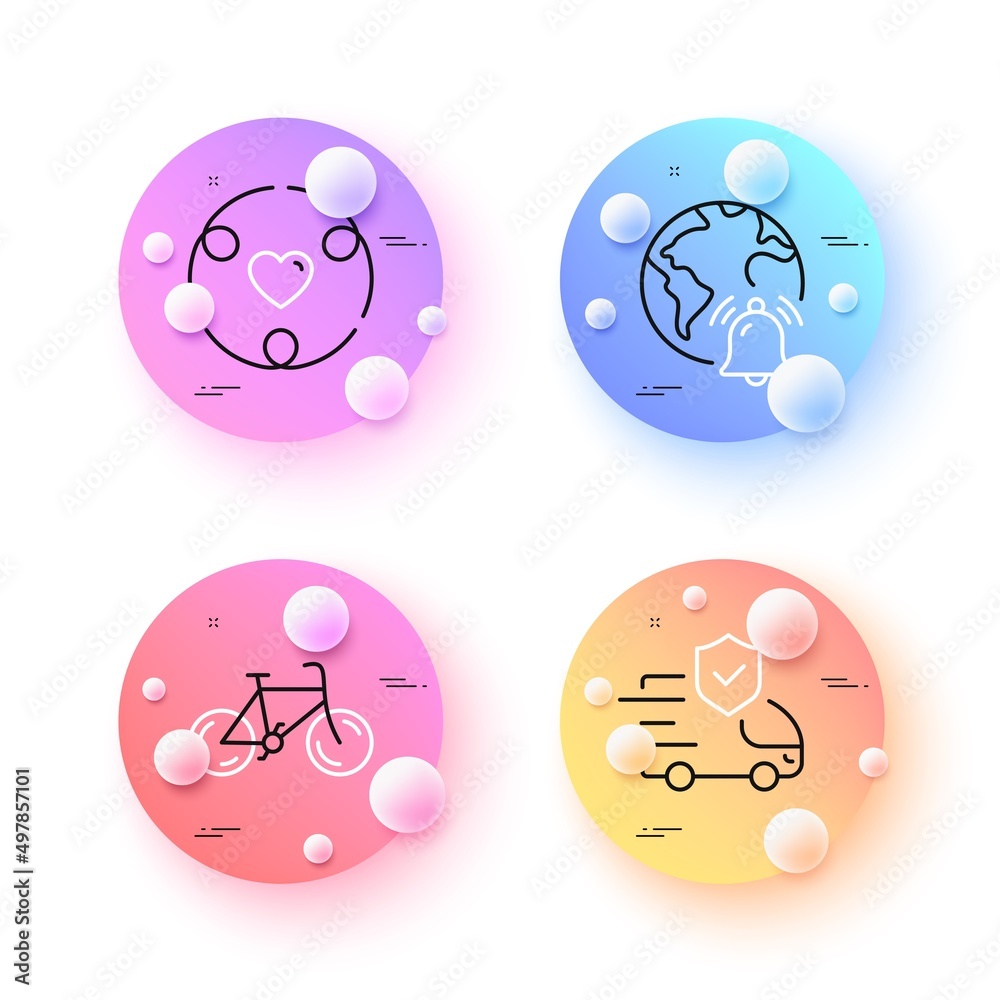 Inclusion, Transport insurance and Internet notification minimal line icons. 3d spheres or balls buttons. Bicycle icons. For web, application, printing. Vector Inclusion, Transport insurance and Internet notification minimal line icons. 3d spheres or balls buttons. Bicycle icons. For web, application, printing. Vector