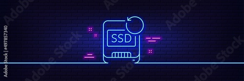 Neon light glow effect. Recovery ssd line icon. Backup data sign. Restore information symbol. 3d line neon glow icon. Brick wall banner. Recovery ssd outline. Vector